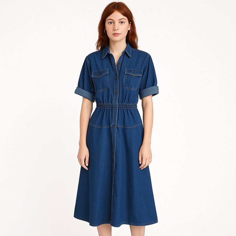 VINTAGE California Girl Denim Shirt Dress Western Utility 80s Midi Rolled Sleeve